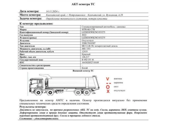 Специализированный, автомобиль - самосвал SITRAK С7Н, 2022, Идентификационный номер: LZZ8DXWB2NC453275